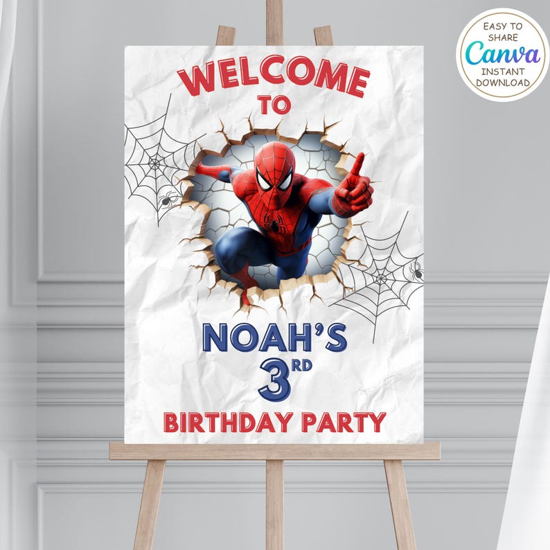 Spiderman Welcome Sign - Editable Spider man Welcome Board for Birthday Party - Printable Poster Superhero Theme Sign Template image 1