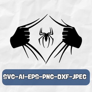 Puede incluir: Silueta en blanco y negro de una ara&ntilde;a de ocho patas, con un dise&ntilde;o de superh&eacute;roe de una persona rasgando su camisa para revelar la ara&ntilde;a.