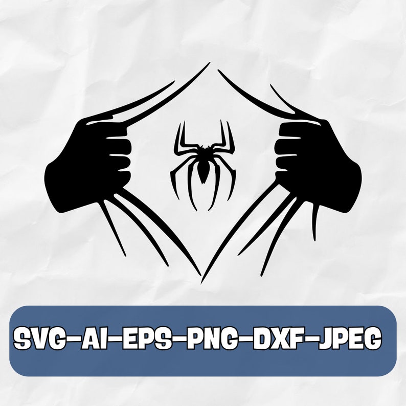 Puede incluir: Silueta en blanco y negro de una ara&ntilde;a de ocho patas, con un dise&ntilde;o de superh&eacute;roe de una persona rasgando su camisa para revelar la ara&ntilde;a.