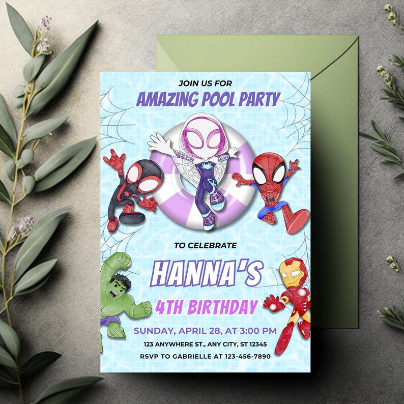 May include: A rectangular party invitation featuring a light blue pool water background with spiderweb patterns. Characters include Spider-Man, Ghost-Spider with a pool float, Hulk, and Iron Man. Text reads: JOIN US FOR AMAZING POOL PARTY TO CELEBRATE HANNA'S 4TH BIRTHDAY SUNDAY, APRIL 28, AT 3:00 PM 123 ANYWHERE ST., ANY CITY, ST 12345 RSVP TO GABRIELLE AT 123-456-7890.