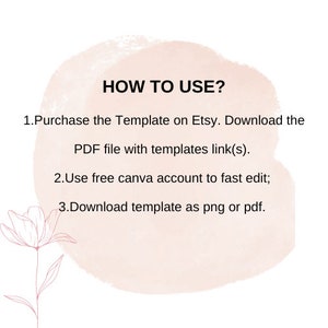 Puede incluir: Un fondo de acuarela rosa y blanco con el texto "&iquest;C&Oacute;MO USAR?" y una lista de instrucciones: 1. Compra la plantilla en Etsy. Descarga el archivo PDF con los enlaces a las plantillas. 2. Usa una cuenta gratuita de Canva para editar r&aacute;pidamente; 3. Descarga la plantilla como png o pdf.