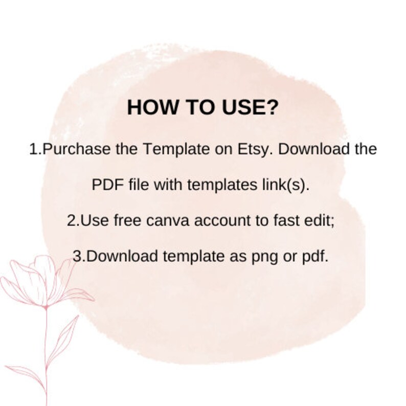 Puede incluir: Un fondo de acuarela rosa y blanco con el texto "&iquest;C&Oacute;MO USAR?" y una lista de instrucciones: 1. Compra la plantilla en Etsy. Descarga el archivo PDF con los enlaces a las plantillas. 2. Usa una cuenta gratuita de Canva para editar r&aacute;pidamente; 3. Descarga la plantilla como png o pdf.