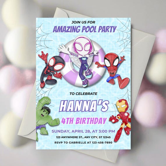 Ghost Spider Birthday Pool Party Invitation Template, Editable Gwen Stacy Spidey and Amazing Friends Party Invite, Girl Birthday Splash Card