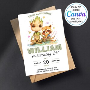 Op de afbeelding: Een verjaardagsuitnodiging met illustraties van Groot en Rocket Raccoon. De tekst luidt "Calling All Superheroes" en "William wordt 3!" met datum en RSVP-details. Inclusief een Canva instant download badge.