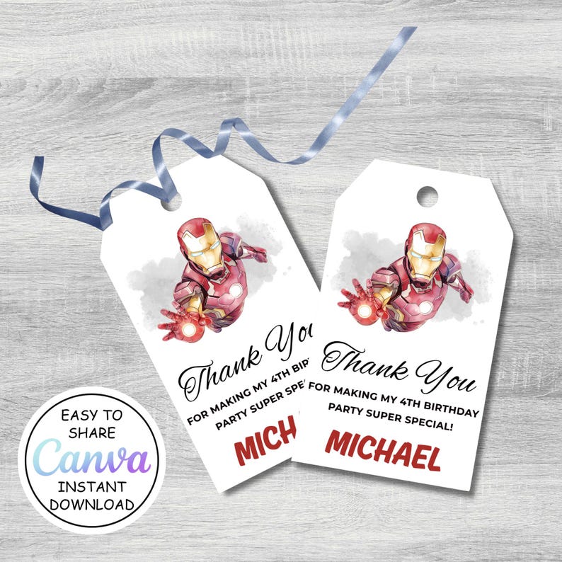 May include: White gift tags with a watercolor illustration of Iron Man. The tags read "Thank You" and "For making my 4th birthday party super special!" with the name "Michael" in red. A blue ribbon is attached.
