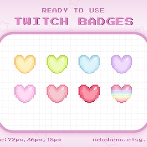 8 Heart Twitch Badges, Bit Badges, Sub Badges, Kawaii Cute Stream Badges