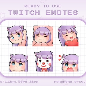 6 Purple Hair Girl with Cat Ears Twitch Emotes, Blue Eyes, Emote for Twitch Discord Youtube, Cute Kawaii Chibi Emotes