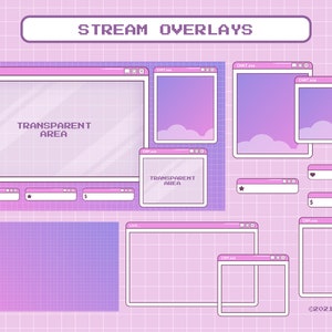 Pacote de sobreposição de transmissão para Twitch, pacote de sobreposição Kawaii Windows Twitch, sobreposição de tema fofo, cor rosa roxa estética