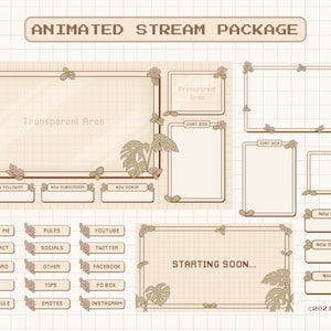Pacote de sobreposição de fluxo animado para Twitch, sobreposição de tema de jardim de plantas fofas, cor de café marrom estético, pacote de sobreposição de Twitch Kawaii