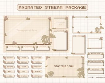 Animated Stream Overlay Package for Twitch, Cute Plant Garden Theme Overlay, Aesthetic Brown Coffee Color, Kawaii Twitch Overlay Package