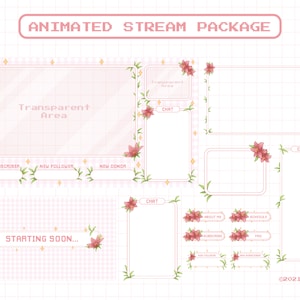 Animated Stream Overlay Package for Twitch, Aesthetic Pink Color, Cute Lily Flower Theme Overlay, Kawaii Twitch Overlay Package