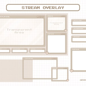 Op de afbeelding: Een beige en witte gepixelde stream overlay met een transparant gebied voor een videogame, chat en andere informatie. De overlay bevat tekst die "STREAM OVERLAY" en "NOW PLAYING..." zegt en heeft harten en andere pictogrammen.