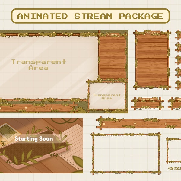 Animated Cottagecore Stream Overlay Package for Twitch, Aesthetic Brown Color, Cute Plant Cozy Theme Overlay, Kawaii Twitch Overlay
