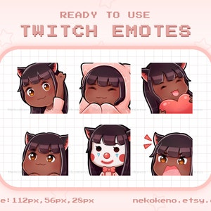 6 Dark Skin Girl with Cat Ears Twitch Emotes, Black Hair, Brown Eyes, Cute Kawaii Chibi Emotes