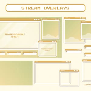 May include: A set of nine digital overlays for streaming, featuring a light green and yellow color scheme. The overlays include a large live stream window, a chat window, a donation window, and several smaller windows for other purposes. The text "STREAM OVERLAYS" is at the top of the image.