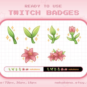 6 Lily Flowers Twitch Badges, Bit Badges, Sub Badges, Pink Plant Kawaii Cute Stream Badge