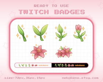 6 Lily Flowers Twitch Badges, Bit Badges, Sub Badges, Pink Plant Kawaii Cute Stream Badge