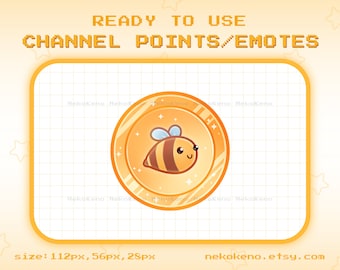 May include: A gold coin with a cartoon bee on it. The bee is yellow and brown with a cute face. The coin has a white background and a gold border. The text "READY TO USE CHANNEL POINTS/EMOTES" is at the top of the image. The text "size: 112px, 56px, 28px" is at the bottom of the image. The text "nekokeno.etsy.com" is at the bottom right of the image.