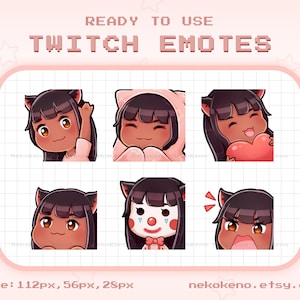 6 Dark Brown Skin Black Hair Girl with Cat Ears Twitch Emotes, Brown Eyes Emote, Cute Kawaii Chibi Emotes