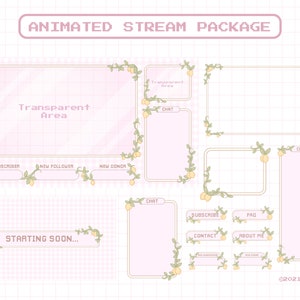 Animiertes Stream Overlay Paket für Twitch, Ästhetische Rosa Farbe, Süßes Zitronenpflanzen Thema Overlay, Kawaii Twitch Overlay Paket