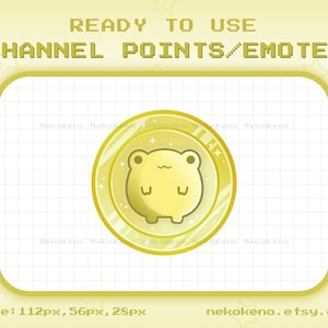 May include: A gold coin with a cartoon frog inside. The coin has a shiny, metallic look and is surrounded by a white grid. The text "READY TO USE CHANNEL POINTS/EMOTES" is at the top of the image. The text "size: 112px, 56px, 28px" is at the bottom left of the image. The text "nekokeno.etsy.com" is at the bottom right of the image.