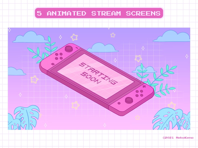 5 Animated Lofi Stream Screens for Twitch, Aesthetic Lofi, Chill Screen, Starting Soon, Be Right Back, Stream Ending Scene, Pink Purple Blue image 1