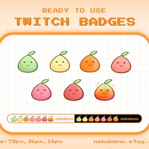 7 badge Twitch di frutta kawaii, badge bit, badge sub, badge streaming kawaii carini
