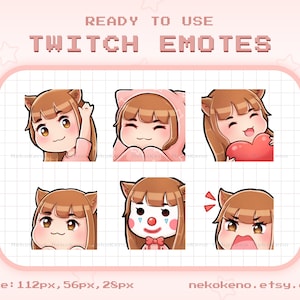 6 Brown Hair Girl with Cat Ears Twitch Emotes, Brown Eyes Emote , Cute Kawaii Chibi Emotes
