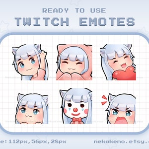 6 Gray Hair Girl with Cat Ears Twitch Emotes, Blue Eyes, Emote for Twitch Discord Youtube, Cute Kawaii Chibi Emotes