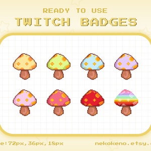 8 Mushroom Twitch Badges, Bit Badges, Sub Badges, Kawaii Cute Stream Badges