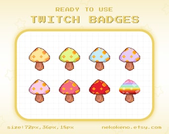 8 Mushroom Twitch Badges, Bit Badges, Sub Badges, Kawaii Cute Stream Badges