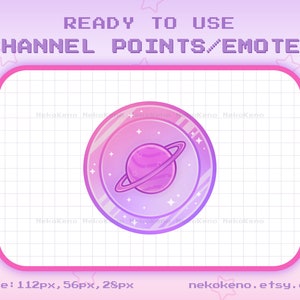 Pode incluir: Uma moeda animada rosa e roxa com um planeta e estrelas dentro. A moeda é contornada de branco e tem um efeito brilhante. O texto "READY TO USE CHANNEL POINTS/EMOTES" está no topo da imagem. O texto "size: 112px, 56px, 28px" está na parte inferior da imagem. O texto "nekokeno.etsy.com" está na parte inferior direita da imagem.