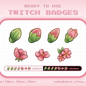 7 insignias de Twitch con flores de cerezo en flor de Sakura, insignias de bits, insignias de suscripción, insignias de transmisión lindas y rosadas de Kawaii