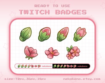 7 Cherry Blossom Sakura Flowers Twitch Badges, Bit Badges, Sub Badges, Pink Kawaii Cute Stream Badges