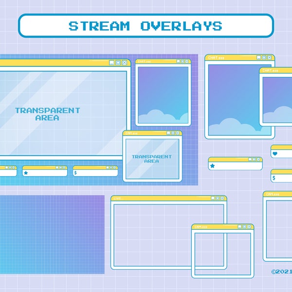 Stream Overlay Package for Twitch, Cute Windows Theme Overlay, Kawaii Twitch Overlay Package, Aesthetic Blue Yellow Color