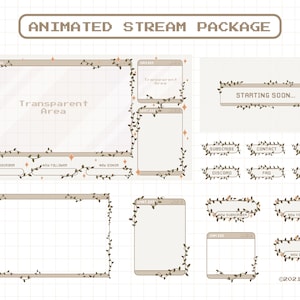 May include: A set of animated stream overlays with a leafy vine design. The overlays include a main stream screen, a starting soon screen, and several buttons for subscribing, contacting, scheduling, discord, FAQ, and wishlists. The overlays also include alerts for new subscribers, followers, and donors.