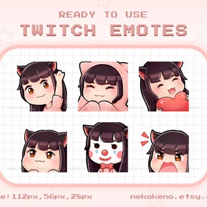 6 Black Hair Girl with Cat Ears Twitch Emotes, Emote for Twitch Discord Youtube, Cute Kawaii Chibi Emotes