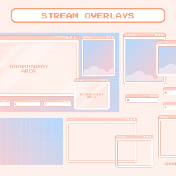 Stream Overlay Package for Twitch, Cute Windows Theme Overlay, Kawaii Twitch Overlay Package, Aesthetic Pastel Blue Peach Color