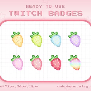 8 Strawberry Twitch Badges, Bit Badges, Sub Badges, Kawaii Cute Stream Badges