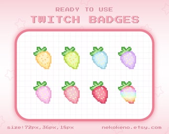 8 Strawberry Twitch Badges, Bit Badges, Sub Badges, Kawaii Cute Stream Badges