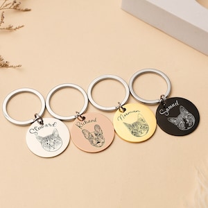 Personalized Pet Portrait Keychain, Pet Memorial Jewelry, Custom Disc Photo Engraved Keychain, Pet Gifts, Dog Cat Keychain for Pet Lover