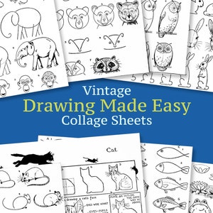 Puede incluir: Una colección de hojas de collage de dibujo vintage con ilustraciones de animales. Las hojas presentan guías paso a paso para dibujar varios animales, incluyendo gatos, peces y búhos. El texto "Vintage Drawing Made Easy Collage Sheets" es visible.