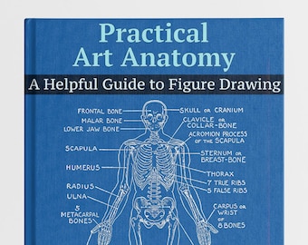 Könnte beinhalten: Ein blaues Buch mit dem Titel "Practical Art Anatomy: A Helpful Guide to Figure Drawing" von E.G. Lutz. Der Umschlag zeigt eine Strichzeichnung des menschlichen Skeletts in stehender Pose, die mit den Namen der Knochen beschriftet ist.
