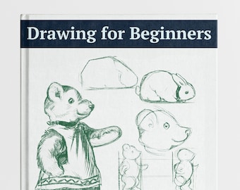 Könnte beinhalten: Ein grün-weißes Buch mit dem Titel "Drawing for Beginners" von Dorothy Furniss. Der Umschlag zeigt Illustrationen eines Bären, eines Kaninchens, eines Fisches und anderer Tiere.