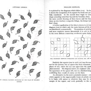 May include: A black and white illustration of a pattern design with leaf shapes. The illustration shows how the pattern is repeated in a six-spot pattern. The text "Ceiling Pattern Designed on the Plan of Six-Spot Repeat" is included in the image.