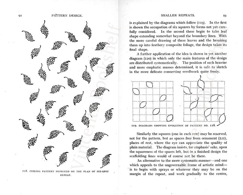 May include: A black and white illustration of a pattern design with leaf shapes. The illustration shows how the pattern is repeated in a six-spot pattern. The text "Ceiling Pattern Designed on the Plan of Six-Spot Repeat" is included in the image.