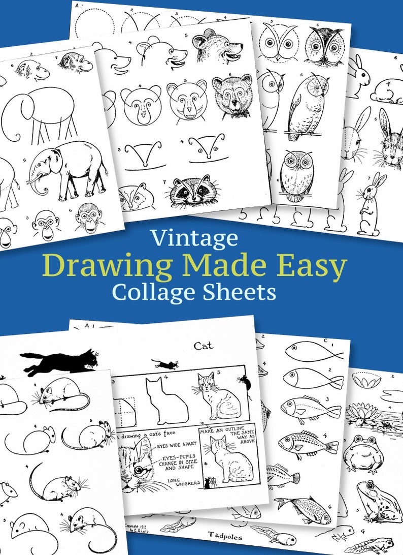 May include: A selection of vintage drawing collage sheets with animal illustrations. The sheets provide guides for drawing various animals, including cats, fish, and owls. The text "Vintage Drawing Made Easy Collage Sheets" is visible.
