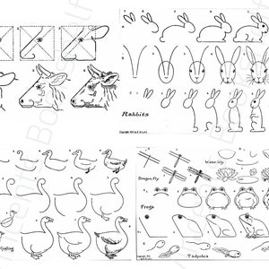 May include: A black and white instructional illustration showing how to draw animals such as cows, rabbits, ducks, geese, dragonflies, frogs, and tadpoles. The image provides step-by-step guides for each animal, with the word "Rabbits" in the center.