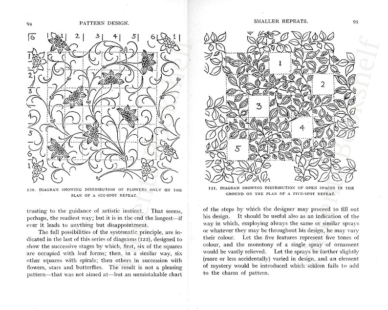 May include: Black and white illustration showing the distribution of flowers and open spaces on a grid. The illustration is divided into six squares, each with a number from 1 to 6. The text "PATTERN DESIGN." is at the top of the page. The text "SMALLER REPEATS." is at the top of the right page. The text "DIAGRAM SHOWING DISTRIBUTION OF FLOWERS ONLY ON THE PLAN OF A SIX-SPOT REPEAT." is below the illustration on the left page. The text "DIAGRAM SHOWING DISTRIBUTION OF OPEN SPACES IN THE GROUND ON THE PLAN OF A FIVE-SPOT REPEAT." is below the illustration on the right page.