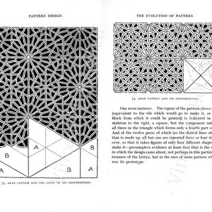 May include: A black and white illustration of a geometric pattern. The pattern is made up of repeating triangles and squares. The image is labeled "Arab Lattice and the Lines of its Construction."